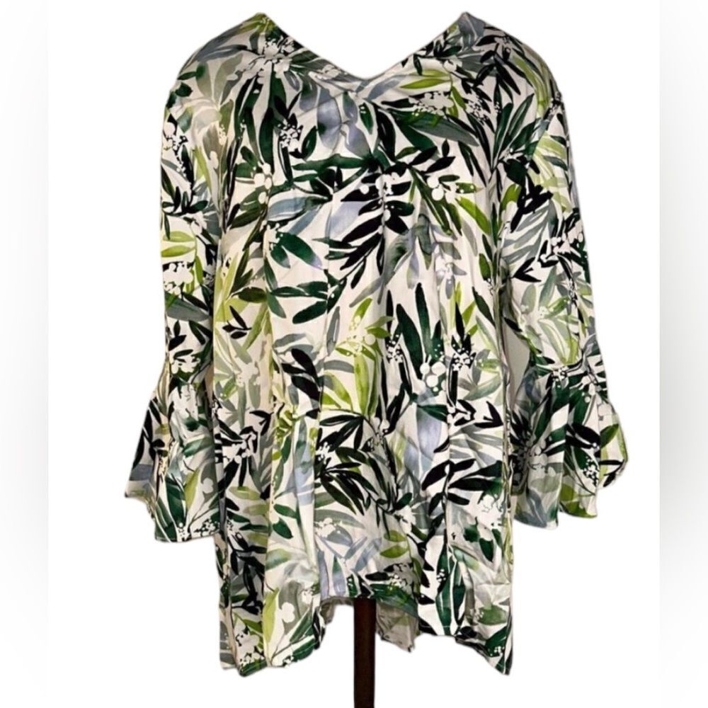 LaRoque Womens Tropical Palm Leaf Hi-Low Relaxed Blouse Bell Sleeves One Size‎
